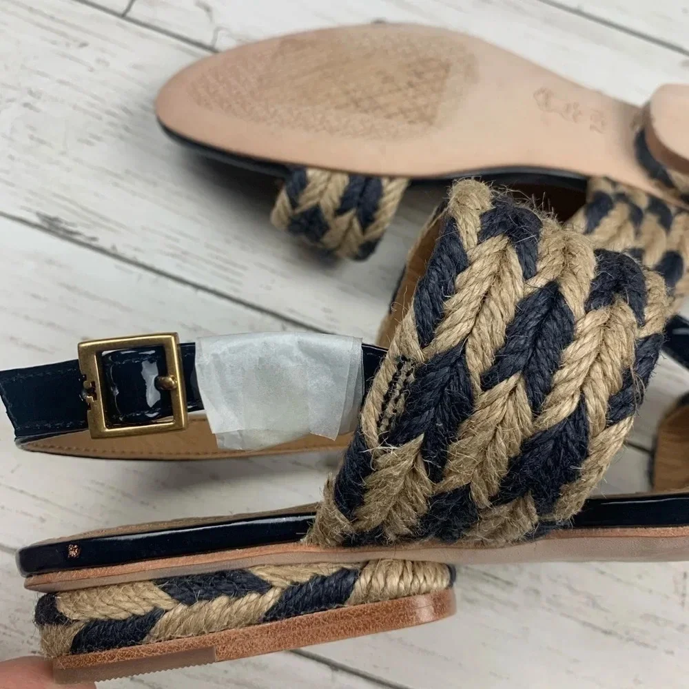 Tory Burch Lola Flat Sandal Woven Nautical 7 Blue